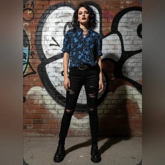 WHO WHAT WEAR Black & Light Blue Abstract Floral Button Down Blouse Size Large - Picture 1 of 15